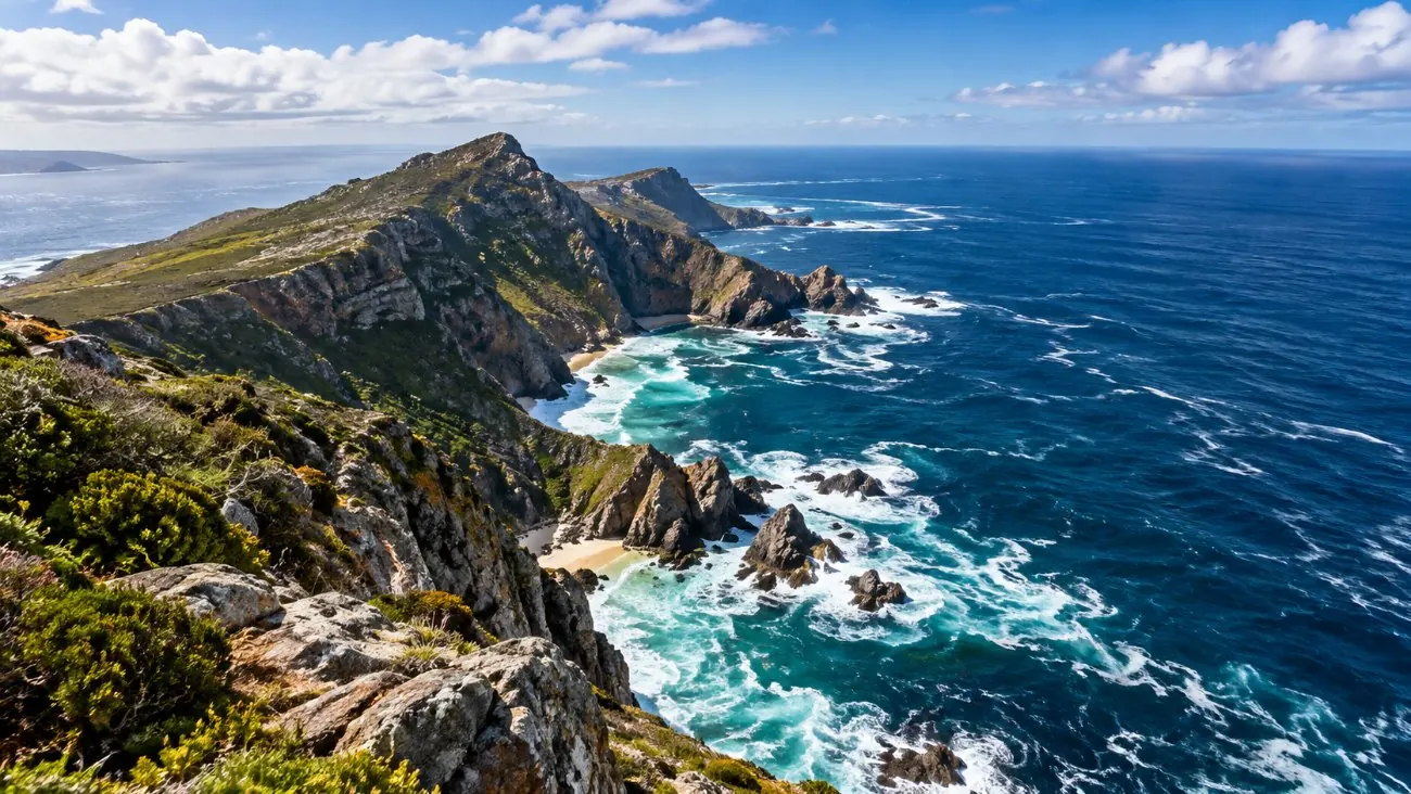 Rolling swell and white surf around rocks below the cliffs at the tip of the Cape Peninsula