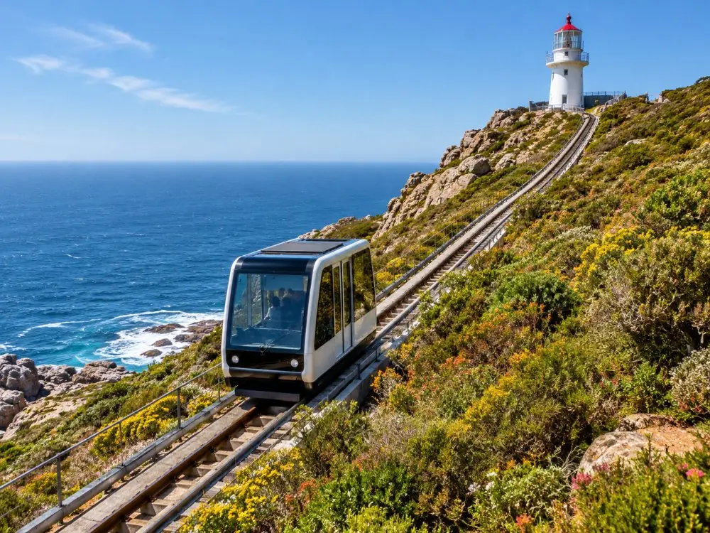 A funicular car climbing a fynbos slope toward the lighthouse on Cape Point