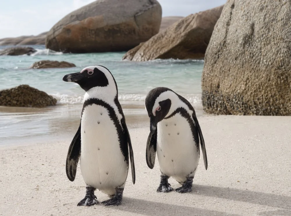 Two African penguins on the sand between granite boulders